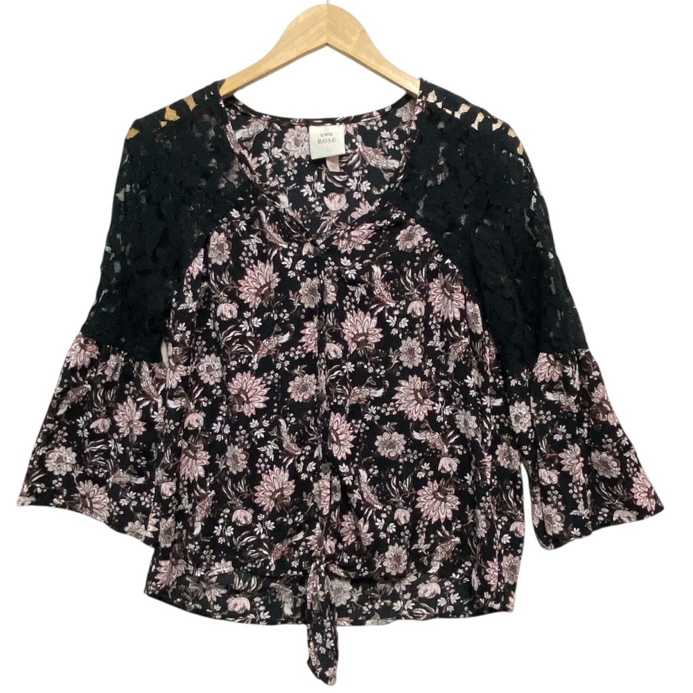KNOX ROSE Boho Bell Sleeve Black Pink Floral Lace Button Down Top Women’s Small - Picture 9 of 14